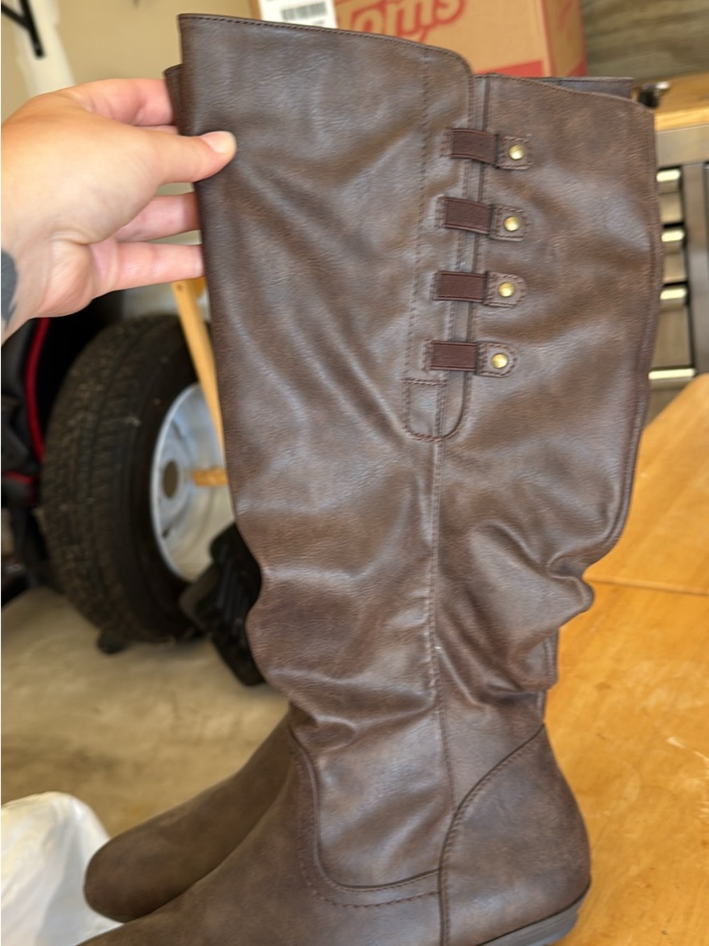 White Mountain Brown Faux Leather Tall Riding Boots with Strap Accents